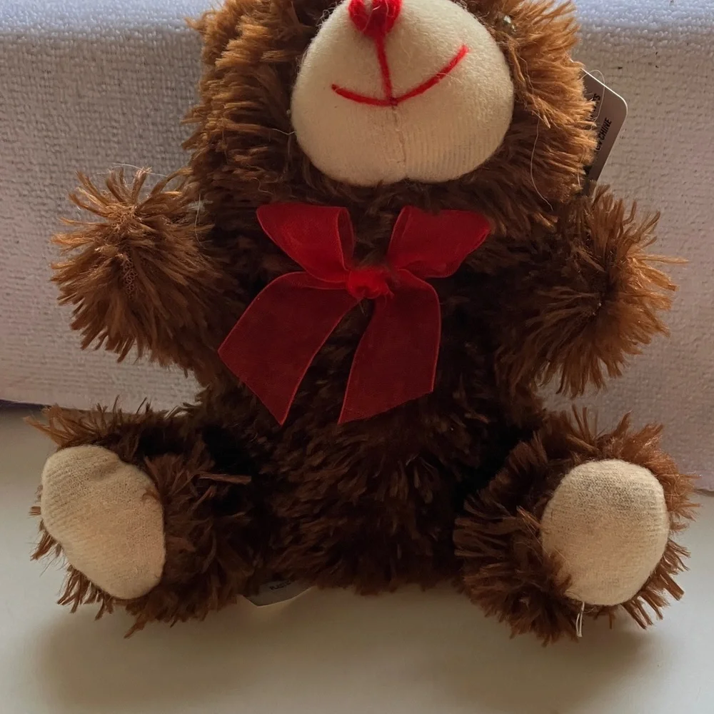 Chocolate Scented 6” Stuffed Teddy Bear w/tag-red ribbon-no real scent left
